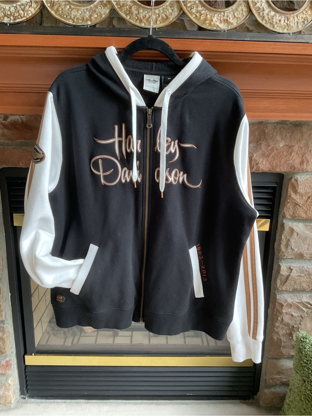Harley-Davidson Black Hoodie Jacket with White Sleeves and Copper Script